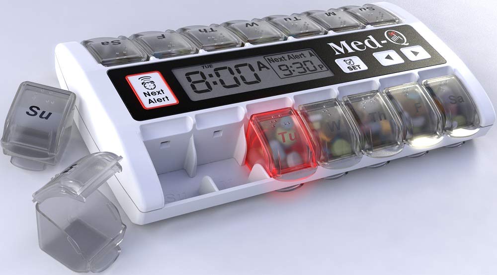 MED-Q Digital Pill Box Organizer, 2 Beep Reminder, LED Alert, WHITE