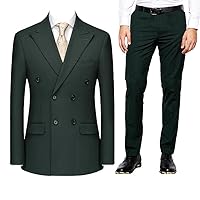 6 Button Double Breasted Style Peak Lapels Dark Green Men Suits