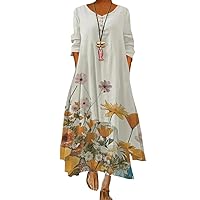 ZOCAVIA Women's Plus Size Boho Floral Printed Dress Beach Vintage Long Sleeve Crewneck Irregular Hem Tunic Maxi Dresses S-5XL