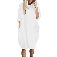 Oversize Roll-Up Sleeve Tunic Dresses Plus Size Baggy Midi Tshirt Dress with Pockets for Women,Casual Loose Dresses