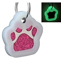 Pet ID Tags, Personalized Dog Tags and Cat Tags, Custom Engraved, Easy to Read, Cute Glitter Paw Pet Tag (Pink + Silencer)