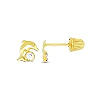 14K Yellow Gold High Polished Mini Baby Dolphin Hat Screw Back Stud Earring