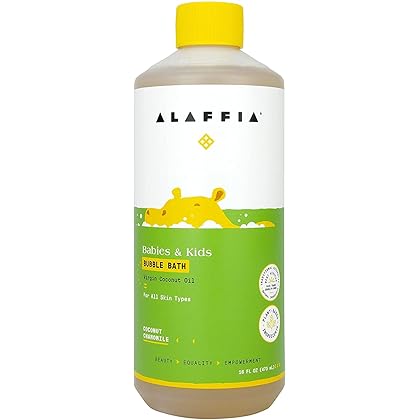 Alaffia Babies and Kids Bubble Bath, Gentle Bath Essentials for Delicate Skin, Plant-Based Formula That is Paraben & Sulfate-Free, Vegan, Calming with Long-Lasting Bubbles, Coconut Chamomile 16 Fl Oz