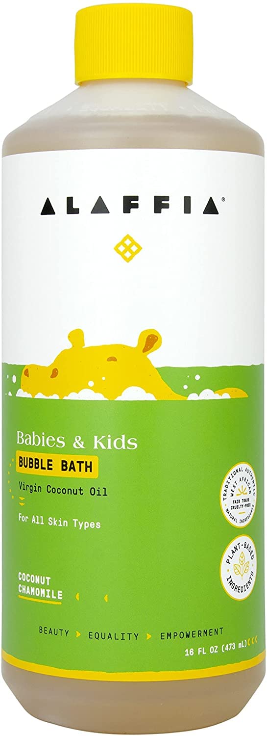Alaffia Babies and Kids Bubble Bath, Gentle Bath Essentials for Delicate Skin, Plant-Based Formula That is Paraben & Sulfate-Free, Vegan, Calming with Long-Lasting Bubbles, Coconut Chamomile 16 Fl Oz