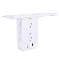 Wall Multi Plug Outlet Surge Protector 1020 Joules, with 6 AC Outlet and 2 USB Charging Ports, Electric Outlet Extender with Removable Built-in Shelf, Charger Outlet Splitter for Bathroom, White