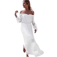 Womens Summer 2023 Off Shoulder Boho Dress Flowy Long Sleeve Lace Embroidery Maxi Long Wedding Guests Dresses