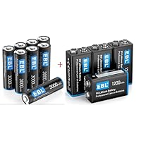 EBL 8 Pack 3000mAh 1.5V Lithium AA Batteries and 4 Pack 1200mAh 9V Lithium Batteries - High Performance Constant Volt Non-Rechargeable