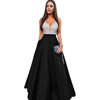 Womens Satin Long Prom Dresses 2019 Crystal Beaded Evening Party Gowns