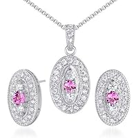 PEORA Sterling Silver Created Pink Sapphire Earrings and Pendant Necklace Jewelry Set for Women, Dainty Medallion Style with 18 inch Chain