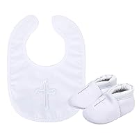 ESTAMICO Baby Newborn Soft Sole Shoes with White Embroidered Bib or Hat Set