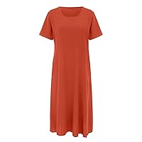 XJYIOEWT Casual Spring Dresses for Women 2024 Trendy, Women's Casual Solid Color Short Sleeved Round Neck Loose Pocket