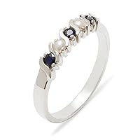 Solid 925 Sterling Silver Real Genuine Sapphire & Cultured Pearl Womens Eternity Band Ring