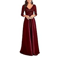 Sequins Long Sleeve Floor Length Evening Dresses Women Deep V-Neck Satin Prom Party Dress Formal Gown