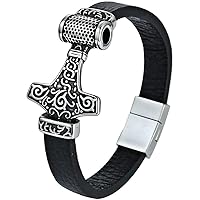 Nordic Viking Thor's Hammer Mjolnir Braided Leather Bracelet,Men Stainless Steel Vintage Celtic Knot Totem Cuff Bangle,Religion Protection Strength Talisman Jewelry (Size : 22.0 Centimetres)