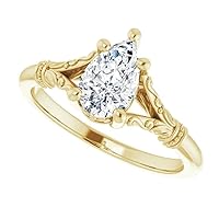 Moissanite Engagement and Wedding Ring Set, 2 Carat Pear Cut Stones, 14K Yellow Gold