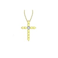 14k Yellow Gold timeless cross pendant set with 10 round yellow sapphires (1/4 ct, AA Quality) encompassing 1 round white diamond, (.035 ct, H-I Color, I1 Clarity), suspended on a 18