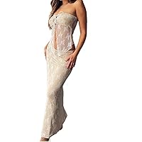 pengnight Women Sexy 2 Piece Outfit Set Sleeveless Lace Crop Bodycon long Skirt Y2k Backless 2Pcs Skirt Set (White, L)
