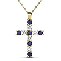 Blue Sapphire & Natural Diamond Cross Pendant 0.77 ctw 14K Gold. Included 18 inches Gold Chain.