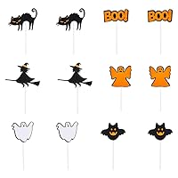 SUPERFINDINGS 12 Sets 6 Style DIY Halloween Theme Paper Cupcake Insert Card Bat Ghost Witch Cat Cake Topper with Plastic Rod Cupcake Toppers Wrappers for Cake Decoration Halloween Party