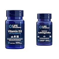Life Extension Vitamin D3 5000 IU, Ashwagandha - Stress Relief, Focus, Memory, Mood Support - Non-GMO Supplement Bundle