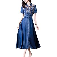 Summer Heavy Embroidery Slim Waist-Length Denim Skirt Dress Female Short-Sleeved Tencel Long Dress