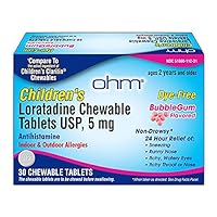 OHM Children’s Chewable Tablets, Dye Free, Bubblegum, Non-Drowsy 24h Relief of Sneezing, Runny Nose, Itchy Watery Eyes, Itchy Throat or Nose, Antihistamine, Indoor & Outdoor Allergies, 5mg, 30 Tablets