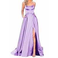Satin Prom Dresses with Pockets Spaghetti Straps Evening Gown with Slit Long Homecoming Dresses for Women