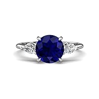 Created Blue Sapphire 2.94 ctw Hidden Halo accented Side Lab Grown Diamond Engagement Ring Set in Tiger Claw prong setting in 14K Gold