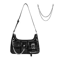 Sunwel Fashion Y2k Black Purse Goth Multi-Pockets Shoulder Bag Aesthetic Grunge Bag, with Extra Waist Chain for Women, Black