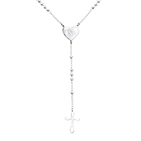 Bling Jewelry Religious Christian Dainty 2MM Round Ball Beaded Link Heart Holy Mother Virgin Mary Delicate Simple Cross Prayer Rosary Rosario Chain For Women Teen Silver Tone Stainless Steel