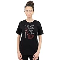 You Don't Know My Story, so Don't Judge My Walk Red Heel Rhinestone Transfer Iron on Bling Religious Church Jesus Tee