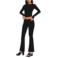 Mxiqqpltky Women Sexy 2 Piece Outfits Long Sleeve Crewneck Slim Fit Crop Tops and Low Waist Flare Pants Lounge Yoga Tracksuit