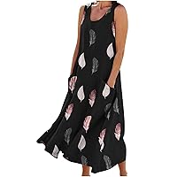 Womens Maxi Dresses Summer Casual Cotton Linen Sundress with Side Pockets Loose Flowy Swing Sleeveless Vacation Long Dress