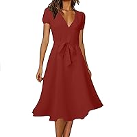 Summer Dresses for Women 2024, Casual Boho Dress Short Sleeve Deep V Neck Midi Dress Wrap Ruffle Hem Beach Split Dresses