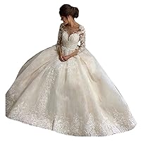 Melisa Illusion Long Sleeves Princess Bridal Ball Gowns Lace Beading Train Wedding Dresses for Bride 2022