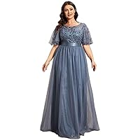 Blue Dress Plus Size Women's Embroidery Evening Dresses with Short Sleeve