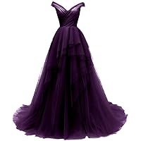 Ruffle Off Shoulder Tulle Prom Dresses Long Ball Gown Princess Wedding Evening Dress