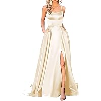 Women's Spaghetti Straps Backless Prom Dress Sexy High Split Ruched Floor Length Wedding Bridesmaid Ball Gowns