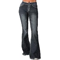 Andongnywell Womens Striped Bell Jeans Classic High Waist Flared Denim Pants Boho Printed High Rise Flare Pants