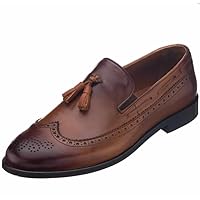 Men's Tabac Aniline Leather King Size Handmade Wingtip Tassel Loafer Shoes