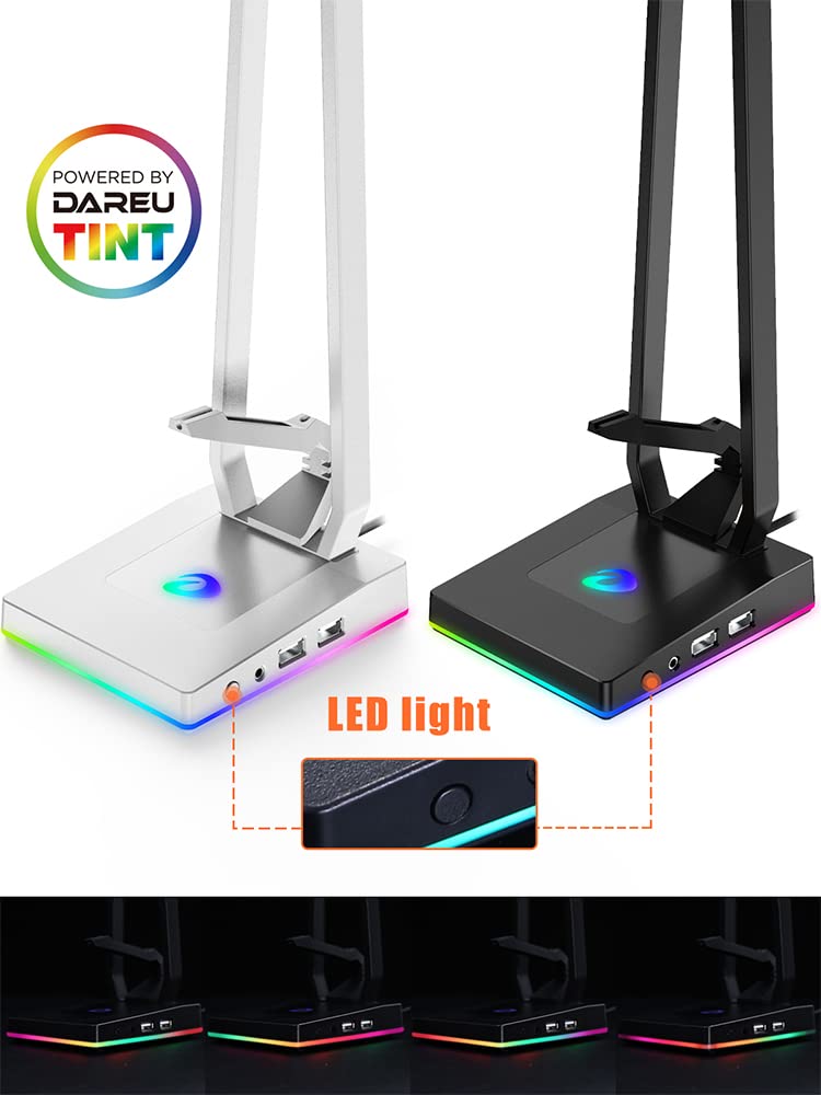 DAREU Multi- Function RGB Gaming Headset Stand with 2 USB Ports, 3.5mm Aux Port, Mouse/Keyboard Cable Clip for Gamer Desktop Table Game Earphone Accessories Gifts (Black)