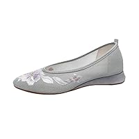 Women Air Mesh Loafers Pointed Toe Slip On Low Heels Ladies Summer Dress Shoes Ethnic Embroidered Female Pumps Soft Gray 4.5