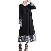 Women's Autumn Fashion Mosaic Long Dress Cotton Long Sleeve Round Neck Dress Loose Pocket Retro Featured Dress