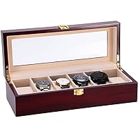 Watch Box, 6 Slot Watch Case, Watch Holder with Glass Lid, Wooden Watch Case with Removable Watch Pillow, Metal Clasp Watch Display., brown,peach,clear