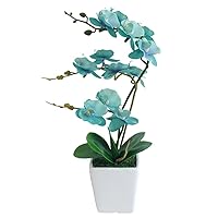 15 Inches Tall Artificial Silk Phalaenopsis Orchid Flower Plant Pot Teal Arrangements (Golden Blue)