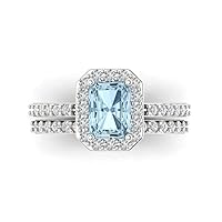 Clara Pucci 2.3 ct Emerald Cut Halo Solitaire Genuine Natural Aquamarine Designer Art Deco Statement Wedding Ring Band Set 18K White Gold