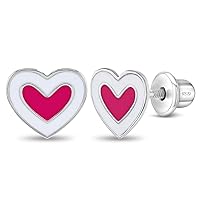 925 Sterling Silver Pink and White Heart Safety Screw Back Earrings For Kids, Toddlers & Little Girls- Secure and Comfortable Adorable Heart-Shaped Girl Earrings