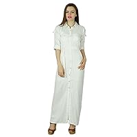 Bimba Women Long Shirt White Rayon Maxi Dress Button Down Gown Chic Style