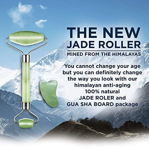 Jade Roller & Gua Sha Scraping Massage Tool By Truweo - Himalayan Anti-aging 100% Natural Facial Jade Stone Set - Face Eye Neck Beauty Roller For Slimming & Firming - Rejuvenate Skin & Remove Wrinkles