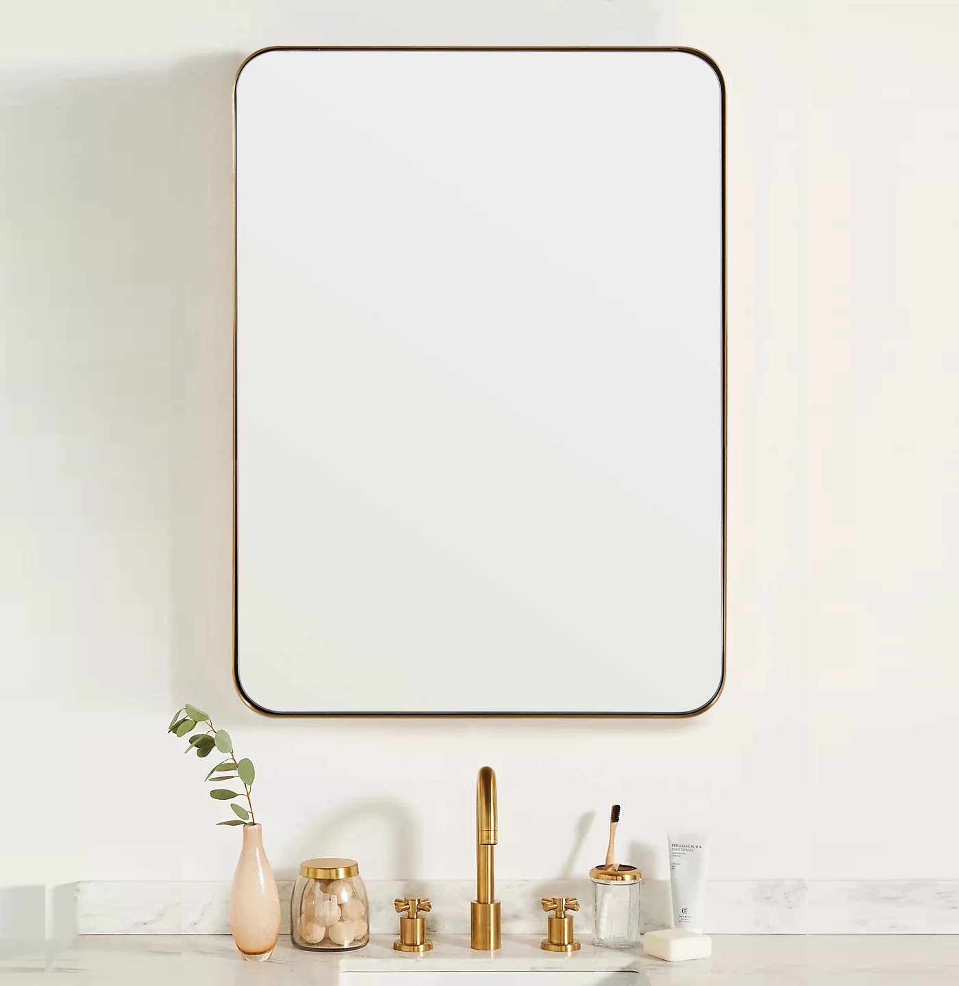 ANDY STAR Gold Bathroom Mirror,22x30'' Brushed Brass Metal Frame Rounded Corner Wall Mirror,Rectangle Wall Mounted Mirror Glass Panel Hangs...